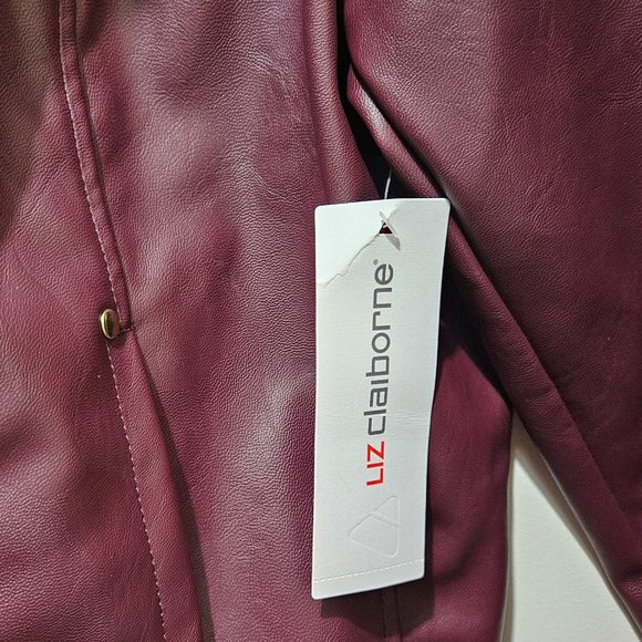 NEW Liz Claiborne Removable Faux Fur Collar Zip Coat size L Faux Leather Maroon - Picture 9 of 15